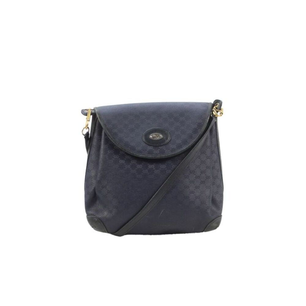 Gucci Womens Leather Trim Monogram Multi-Compartment Shoulder Bag Navy